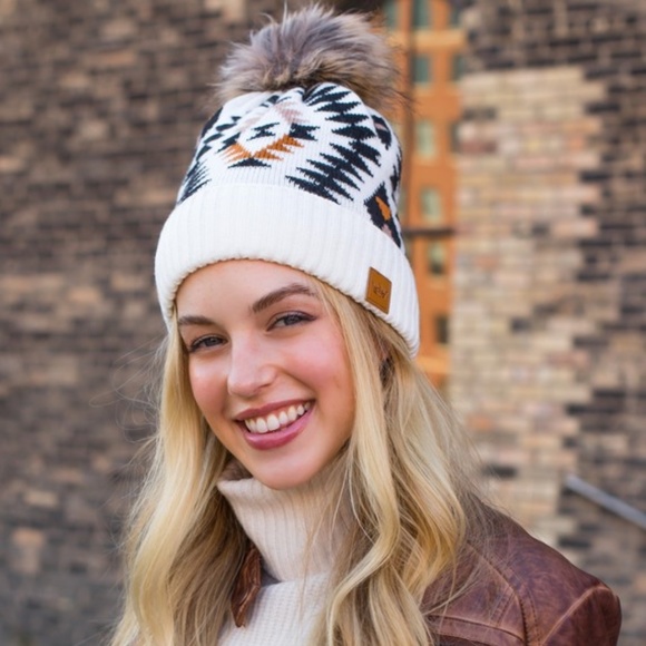 Accessories - SOLD OUT Cream Black Rust Tribal Aztec Western Boho Knit Fleece Lined Pom Beanie